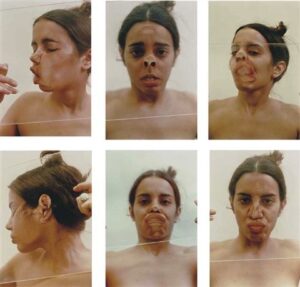 serie de seis fotografias de mujer pegando su cara a un vidrio