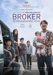 Cartel promocional de Broker película, un hombre adulto cargando a un bebé, tres jóvenes mujeres y un joven hombre