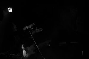 Luisa Almaguer mujer concierto hombre con guitarra al fondo