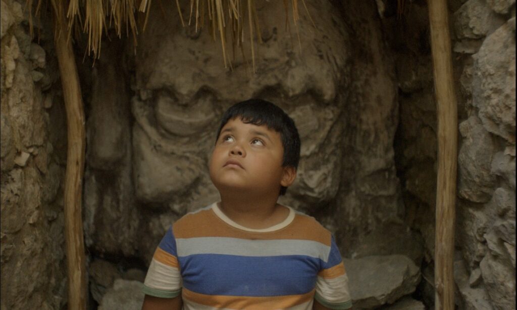 Niño viendo hacia arriba detrás piedras