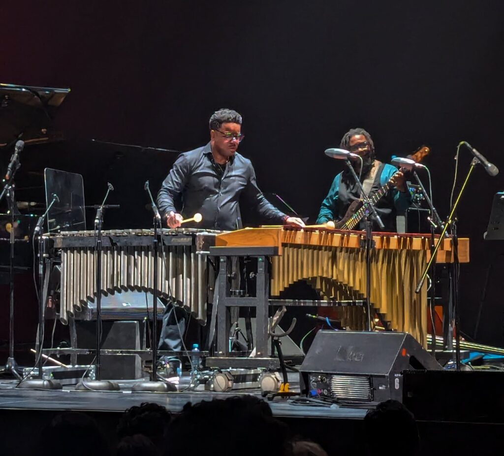 Hombre tocando la marimba y detrás un hombre tocando el bajo