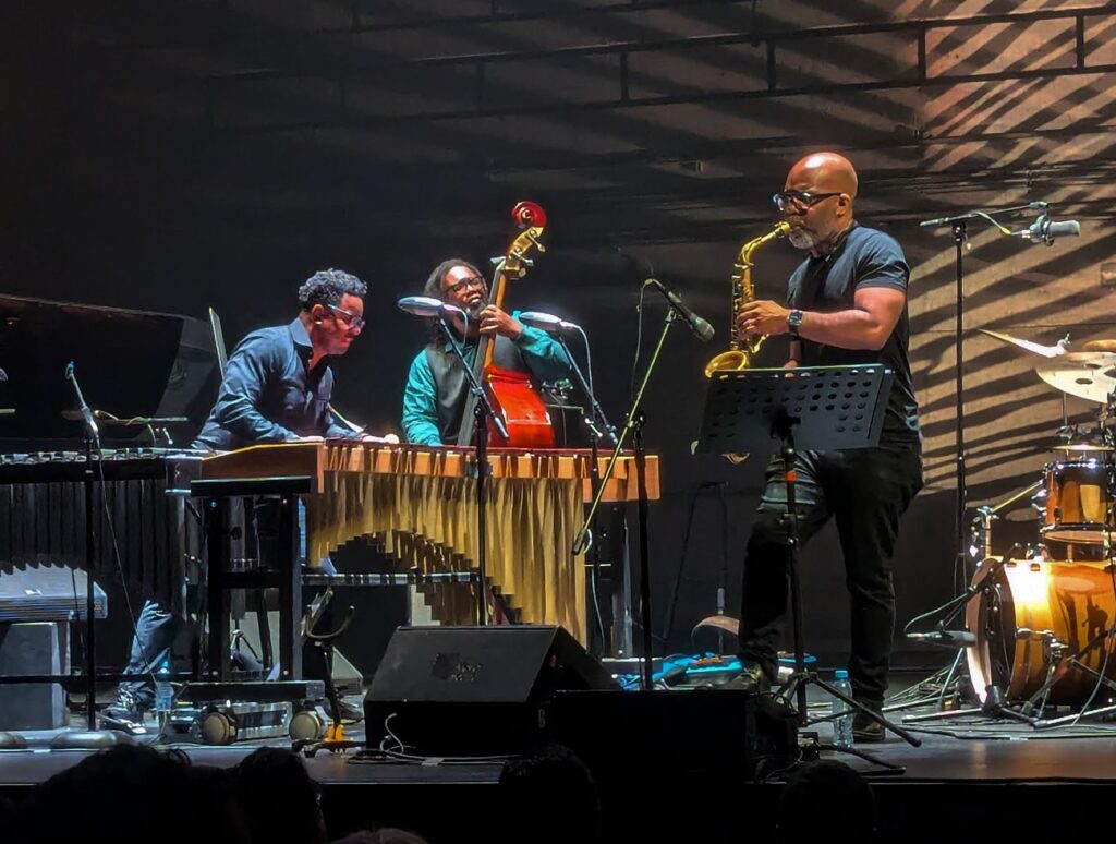 Hombre tocando la marimba y detrás un hombre tocando el bajo y hombre tocando el saxofón