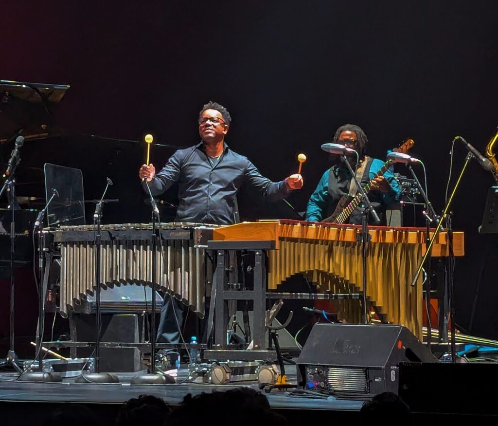 Hombre tocando la marimba; atrás hombre tocando el bajo