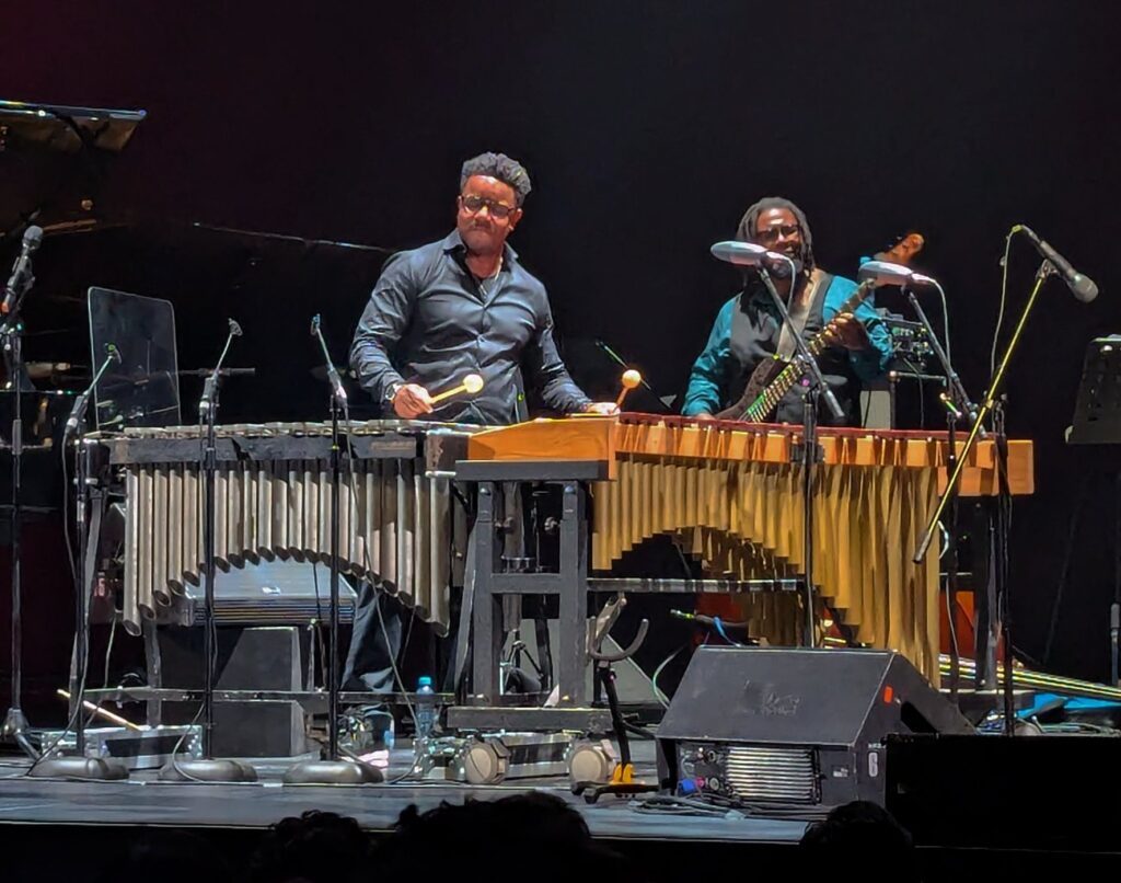 Hombre tocando la marimba; atrás hombre tocando el bajo